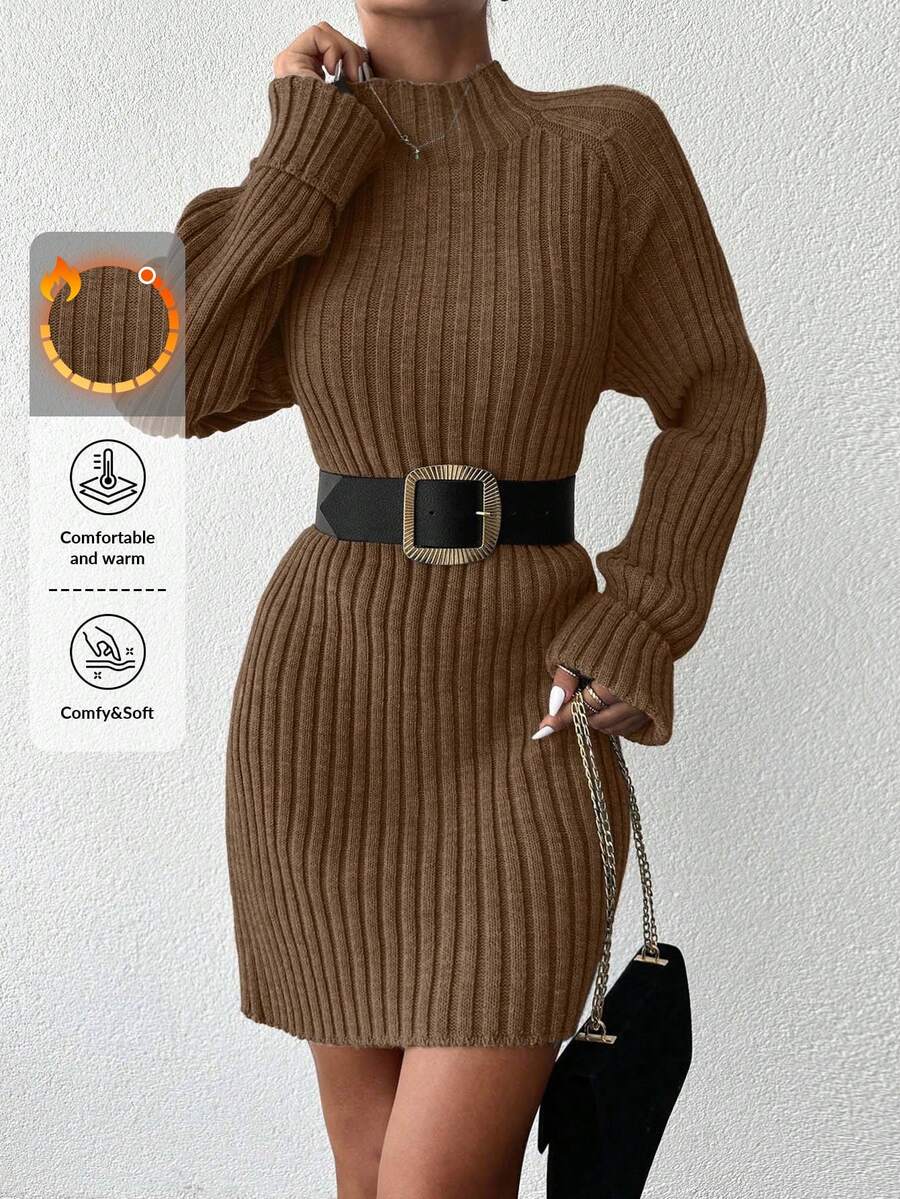 SHEIN Cottnline Women Solid Color Stand Collar Raglan Sleeve Long Sleeve Knit Dress,Petite - Brown - View 1