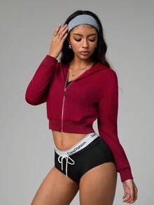 Gameset SHEIN Sport Casual Versatile Wine Red Cropped Hooded Jacket,Gym Wear,Workout,Winter - Burgundy - View 3