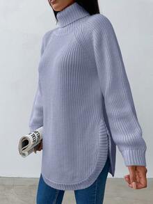 EURMUSE Women's High Neck Raglan Long Sleeve Sweater - Baby Blue - View 4