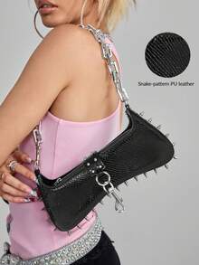 ROMWE Grunge Punk Women's Punk Edge Studded Shoulder Bag With Acrylic Chain Straps - Urban Streetwear Style Purse For Everyday Use