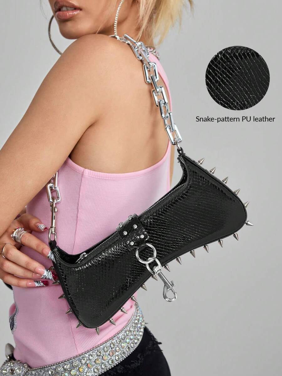 ROMWE Grunge Punk Women's Punk Edge Studded Shoulder Bag With Acrylic Chain Straps - Urban Streetwear Style Purse For Everyday Use
