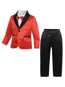 SHEIN 2 Stücke Anzug-Set für junge Jungs, texturiert und glänzend gewebt, beinhaltet rote & schwarze Satin-Blazer-Jacke mit Revers und Hose, modisch, geeignet für Geburtstagsfeiern, Hochzeiten, Feiertage, Halloween, Weihnachten, formelle Anlässe, klassisches Herrenoutfit - Rot - Übersicht 7