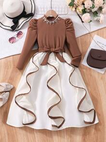 青少年女孩时尚甜美仿珍珠泡泡袖连衣裙 - 彩色 - 查看 3