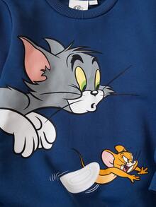 TOM & JERRY X SHEIN 2pcs/Set Young Boy Cute Cartoon Graphic Round Neck Drop Shoulder Long Sleeve Sweatshirt & Letter Graphic Sweatpants Knit Casual Sportswear Set - Blue - View 5