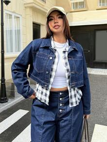 Jeanoix Plus Size Casual Loose Cropped Denim Jacket