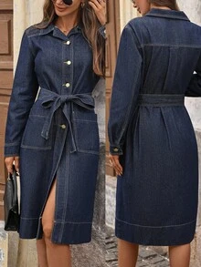 EMERY ROSE Váy denim tay dài thắt nút cổ điển màu xanh đậm cho nữ - Màu xanh lam - Xem 1