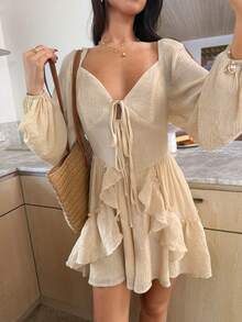 Serisse Fall Winter 2025Women's Solid Color Ruffle Tie-Front Jumpsuit, Beige Jumpsuit, Linen Jumpsuit,Beige Dress For Women Jumpsuit,Party Outfit , Beach Outfits For Women,Elegant Jumpsuit,Thanksgiving Outfit For Women,Fashionable & Versatile, New Year Outfit ,Christmas Outfit For Women,Cozy Fall And Winter Clothes For Women ,French Style Clothes, Brunch Outfit, Commuting, Office , Minimalist, Elegant, Vintage, Perfect For Everyday Outfits, French Fashion Style