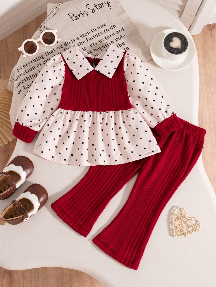 SHEIN Playful Pals 婴幼儿/女宝宝波尔卡圆点衬衫拼接黑色毛绒罗纹领喇叭裤休闲时尚装，秋冬 - 紅色 - 查看 1