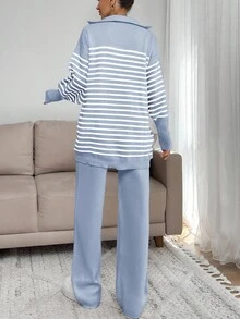 EURMUSE Women Stripe Pattern Zip Detailed Neck Drop Shoulder Pullover & Sweater Pants Set - Baby Blue - View 4