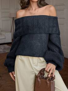 EURMUSE Elegant Off Shoulder Neck Line Rib Knit Balloon Sleeve Oversize Cozy Pullover For Winter - Dark Grey - View 4