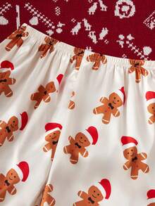 SHEIN Women's Burgundy Simple Fashion Christmas Gingerbread Pattern Long Pants And Long Sleeve Top Casual Comfortable 2 Pieces Pajama Set, Family Matching Outfits Mommy And Me (4 Sets Sold Separately), Winter Clothes - Apricot - View 6