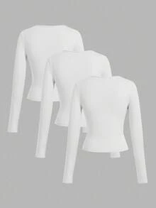 SHEIN EZwear 3件套女士休闲宽领修身长袖T恤套装，白色，秋冬 - 白色 - 查看 2