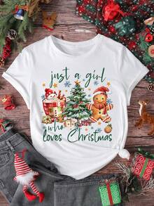 EMERY ROSE Christmas Gingerbread Warm Print Casual Plus Size T-Shirt - White - View 1
