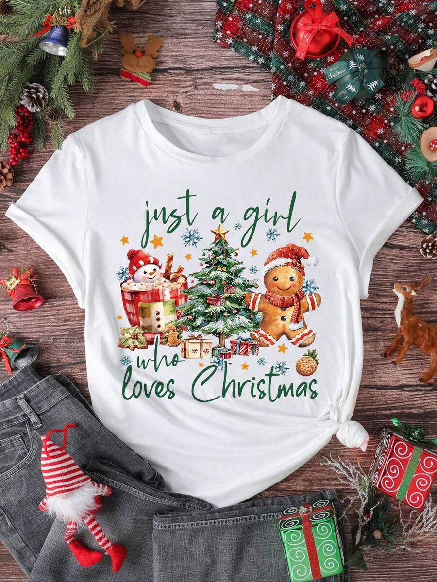 EMERY ROSE Christmas Gingerbread Warm Print Casual Plus Size T-Shirt - White - View 1