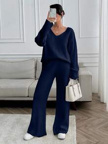 SHEIN Tall 高个女款V领宽松毛衣和针织裤套装 - 藏蓝色 - 查看 8