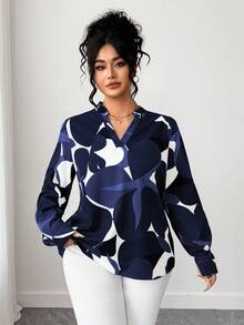 Elenzga Plus Size Women V-Neck Long Sleeve Printed Shirt, Versatile, Fashionable, Slimming, Casual, Suitable For Daily Wear And Commuting - Multicolor - View 3