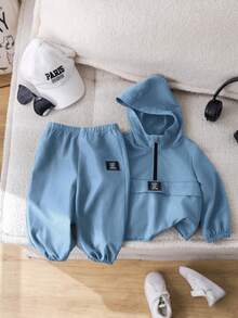 SHEIN Bộ 2 áo hoodie dệt kim trang trí màu xanh cho bé trai và quần cạp chun, trang phục thể thao thường ngày phù hợp mặc ngoài trời và trong nhà, mùa thu/đông - Màu xanh lam - Xem 6