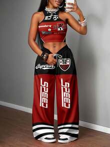 Slaydiva 2 件套女士休闲街头紧身吊带背心和宽松裤子套装，适合街头，赛车印花 - 彩色 - 查看 1