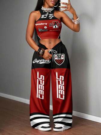 Slaydiva Set de 2 piezas de ropa casual de mujer, top ajustado tipo camiseta y pantalones sueltos, adecuado para la calle, con estampado de coche de carreras