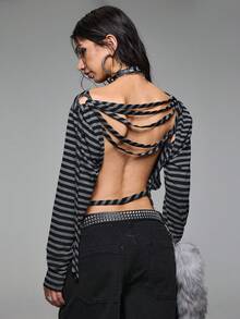 ROMWE Grunge Punk Áo thun nữ tay dài hở vai hở lưng sọc đen xám Y2K Baddie, khoét lỗ bên hông, trang trí lỗ kim loại - Nhiều màu - Xem 3