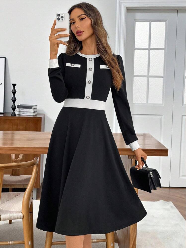 Women's Contrast Color Round Neck Long Sleeve Mid-Length Dress  Autumn Outfits For Women  Winter Dress Women  Fall Outfits For Women Fall Dresses For Women   Elegant Party Dresses Black Dress