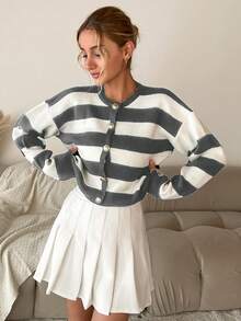SHEIN Cottnline Women's Striped Drop Shoulder Cardigan Sweater - Light Grey - View 3