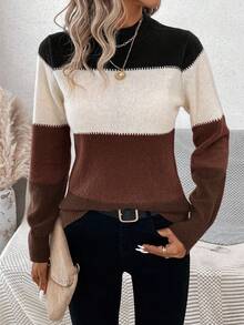SHEIN LUNE Women's Colorblock Long Sleeve Casual Pullover Sweater, Autumn/Winter Jumper For Woman Pullover For Women Women Sweater Knitted Sweater Striped Sweater