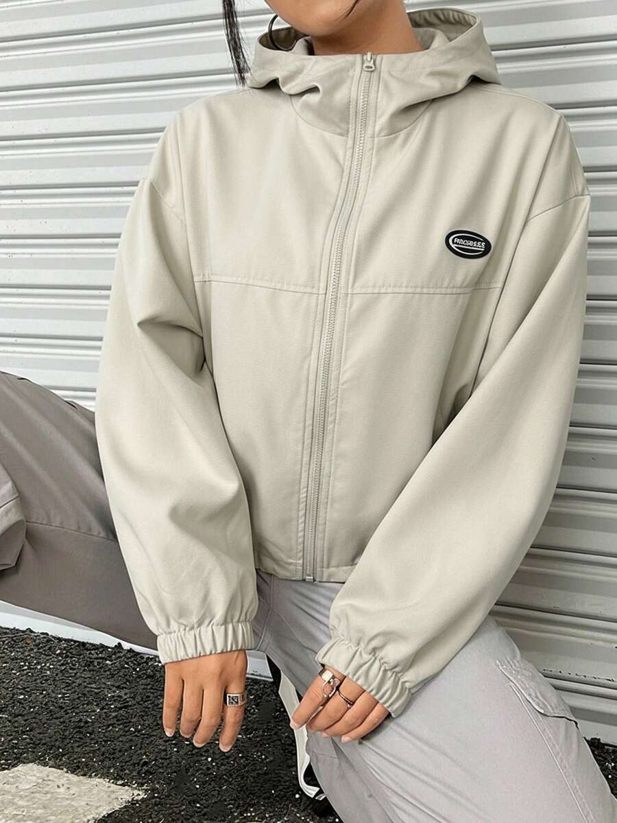SHEIN EZwear 秋冬女装休闲卡其色字母贴片落肩拉链连帽夹克 - 卡其色 - 查看 1