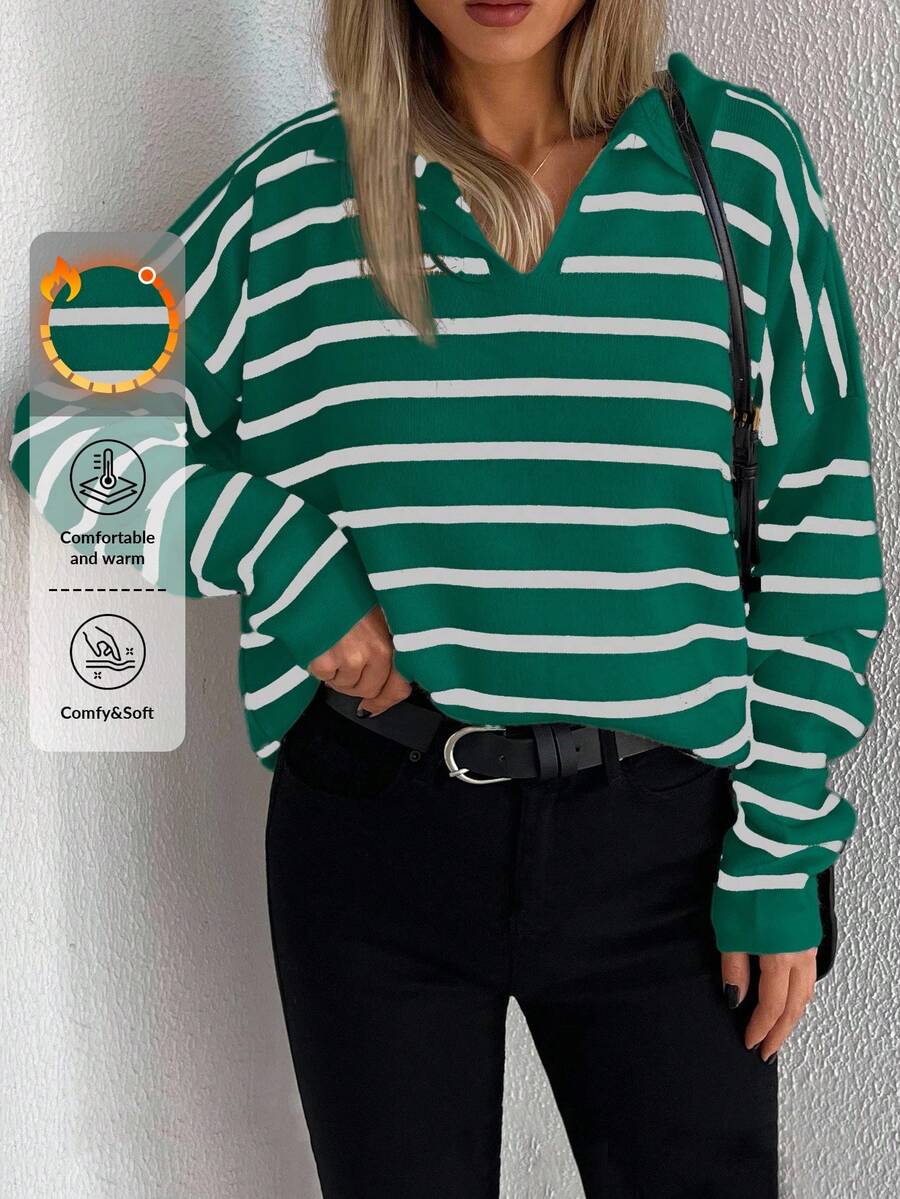 EURMUSE Striped Pattern Drop Shoulder Jumper - Green - View 1
