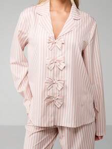 MISSGUIDED Striped Bow Front Pajama Set Long Sleeve Button Up Sleepwear Lounge Comfort Wear - Pink - View 6