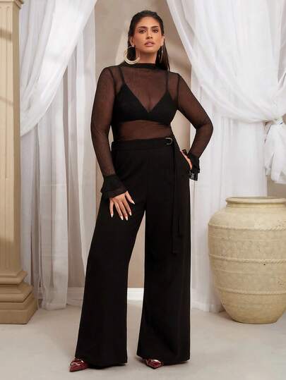 VOLUPTÉ CURVE Plus Size Women's Lightweight Elastic Mesh Blouse, Sexy Party & Commute Style, Black High Neck, Long Flare Sleeve, Waist Cinched, Layered Ruffle Cuffs & Semi-Sheer Mesh Details, Knee Length, Ideal For Valentine's Day