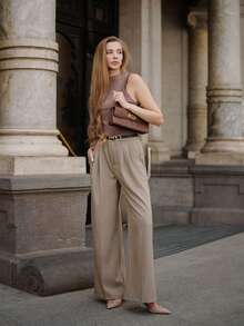 ORNATELLA Camiseta de punto sin mangas con cuello alto bordada con strass, blusa de punto ajustada al Body - Caqui - Ver 4