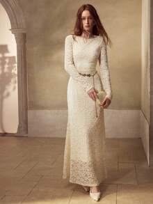 MOTF PREMIUM 香槟色优雅精致圆领弹力蕾丝连衣裙 - 香檳色 - 查看 5