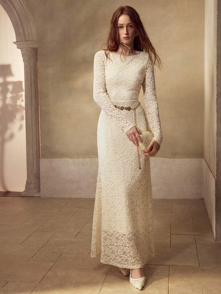 CHAMPAGNE COLOR ELEGANT & REFINED CREW NECK STRETCHY TEXTURED LACE DRESS