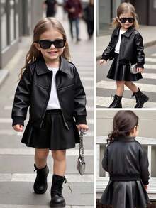Young Girls' Chic Street Style Black Jacket, Made Of Crisp Fabric With Lapel Design, Silver Zipper Front For Easy Wear, Ribbed Cuffs And Hem For Fashionable Look, Loose And Stylish Fit, Suitable For Everyday Wear, Autumn/Winter - Black - View 1