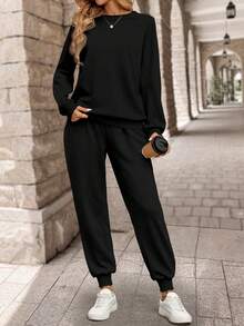 SHEIN LUNE 2 件套女士保暖内衬圆领长袖运动衫和裤子套装，秋冬休闲运动装 2 件套女士休闲套装 - 黑色 - 查看 3