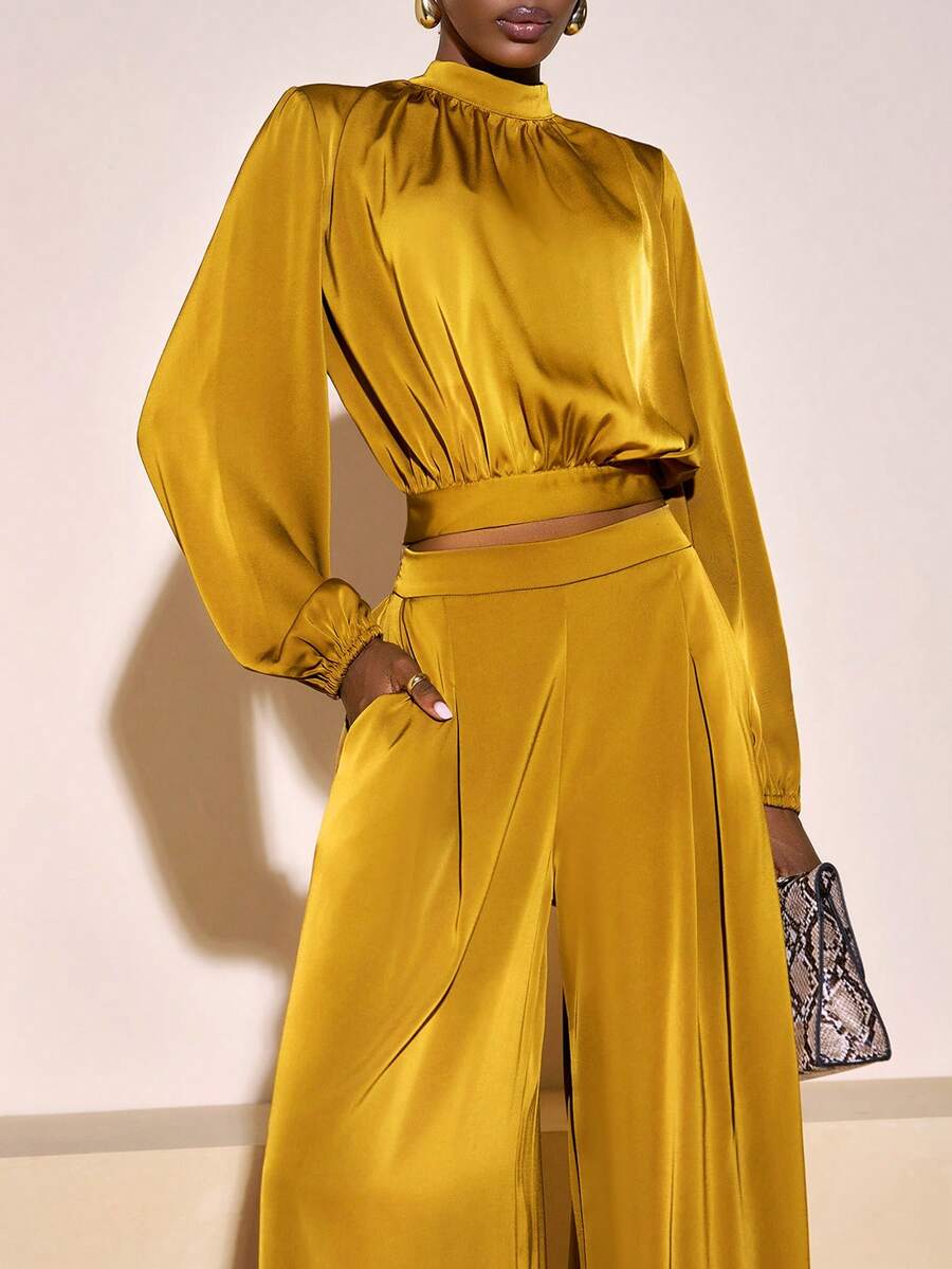 Zivah 20  Winter New Arrivals - Global Carnival Season: Christmas, New Year, Valentine's Day, Parties, Evenings, Dates, Gatherings, Birthday Parties, Preppy Style, Student Wear, Everyday Outings, Basic And Versatile, Casual, Cruise Travel, Influencer Hot Item, Elegant, Commuter, Business Casual, Simple, Stand Collar Long Sleeve, Gathered Cropped Women's Top + Racer Pleated Straight Leg Trousers, With Pockets And Zipper, Mustard Yellow Satin Shimmering Fabric, Autumn/Winter Set, Commuter Set, Party Set, Cocktail Party Set, Yellow Set, Elegant Set, Women's Two-Piece Set - Mustard Yellow - View 1