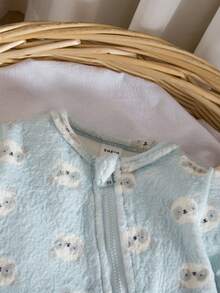 新生儿柔软针织圆领长袖按扣连脚连体衣，可爱熊猫印花，休闲时尚家居服，灰蓝色，秋冬 - 彩色 - 查看 4