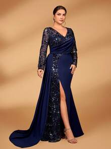 Serin Váy maxi đuôi cá xếp nếp bằng vải satin co giãn, đính ngọc trai và sequin sang trọng, thanh lịch cỡ lớn, xẻ tà bên hông, thích hợp cho đám cưới, tiệc tùng, kỳ nghỉ, dạ hội, váy dạ hội cho mẹ cô dâu - Màu xanh lam - Xem 7