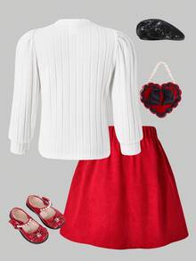 SHEIN Explorewe ChillGRL 2-Piece Girls Winter Birthday Outfit,4-7Y Knit Fuzzy Ribbed Sequin Heart Puff Sleeve T-Shirt & Woven Corduroy Bow Mini Skirt Sweet Casual Set - Red - View 2