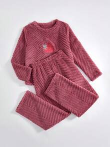 Manfinity Underwear&Sleepwear Basics 女士刺绣抓绒圆领长袖上衣和长裤睡衣套装，冬季，圣诞节