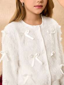 Girls' Sweet Fashion All White Winter Tea Party Outfit,Round Neck Long Sleeve Plush Fur Jacket With 3D Bow Design&High Waist Lamb Wool Short Skirt - White - View 5