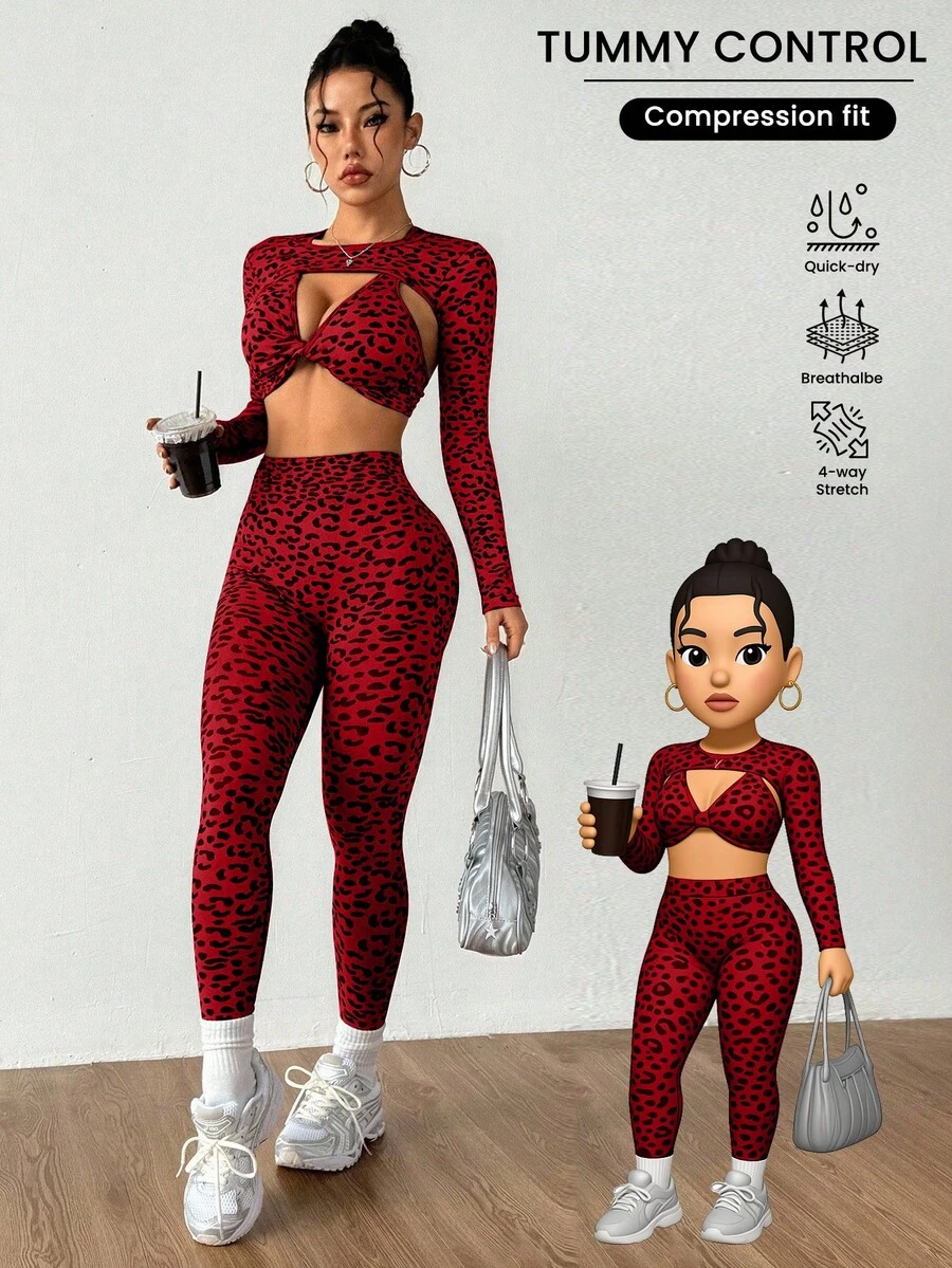 Dewbera Bộ đồ thể thao áo crop top tay dài họa tiết da báo cho nữ kèm áo ngực xoắn và quần legging - Đỏ - Xem 1