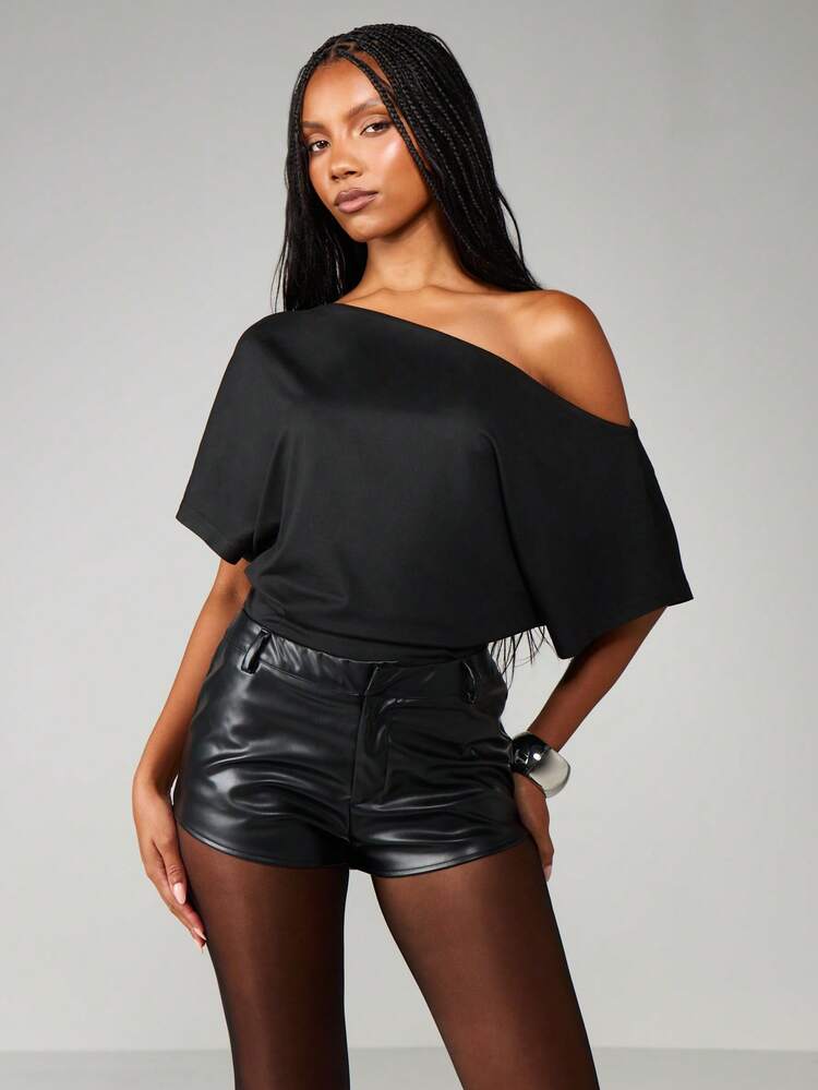 MISSGUIDED Off Shoulder Asymmetric Bodysuit Short Sleeve Summer Evening Party Clubwear One Piece Top