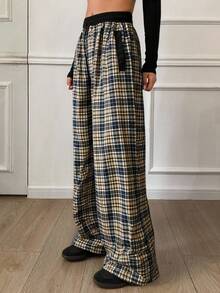 DAZY Women Contrast Color Waist Loose Plaid Drawstring Elastic Waist Wide Leg Pants Fall - Brown - View 3