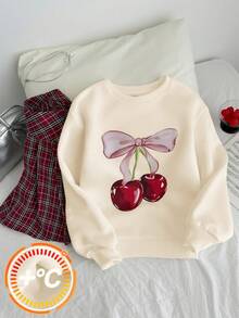 SHEIN 青少年女孩樱桃蝴蝶结可爱图案连帽衫套装，格子红色百褶迷你裙