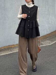 FRIFUL Women's Solid Color Round Neck Sleeveless Front Button Ruffle Hem Casual Jacket - Black - View 5