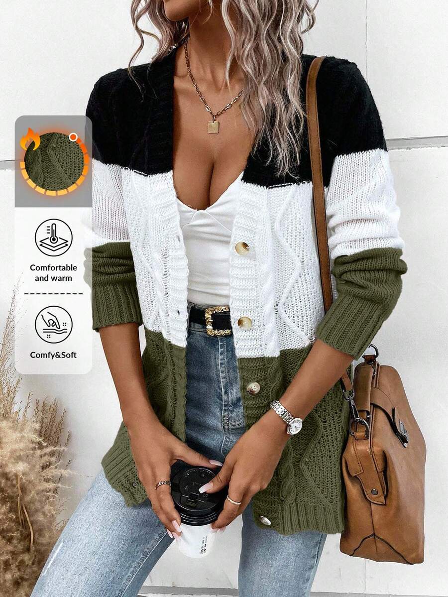 EURMUSE Áo len cardigan dệt kim đơn hàng ngày tay dài màu tương phản dành cho nữ - xanh quân đội - Xem 1