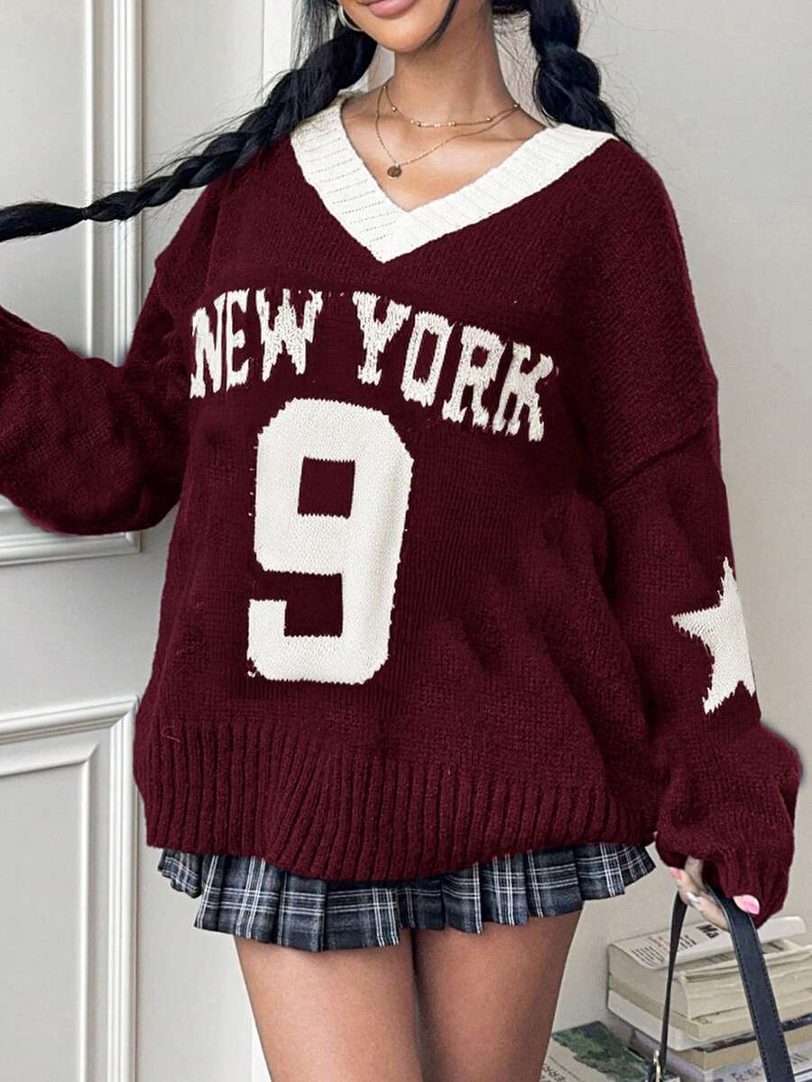 SHEIN 少女女孩酒红色和白色撞色V领宽松图案套头毛衣 - 酒紅色 - 查看 1