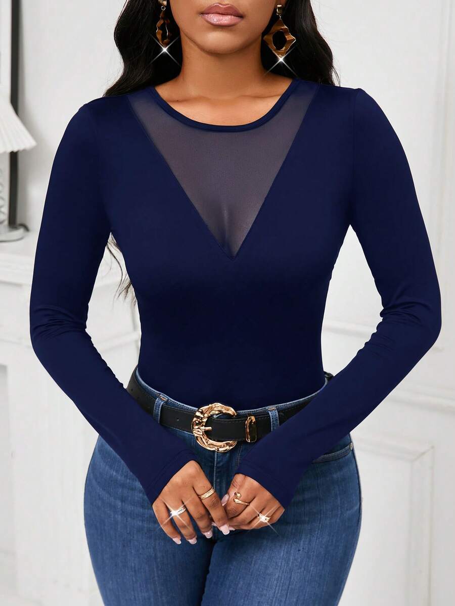 SHEIN Lady 2025 New Women Autumn Elegant Mesh Splice Fitted Long Sleeve Navy Blue T-Shirt Elegant Social Summer Thanksgiving Stylish